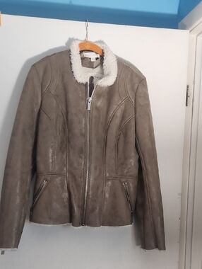New York & Company Taupe Shearling-Trim Leather Jacket